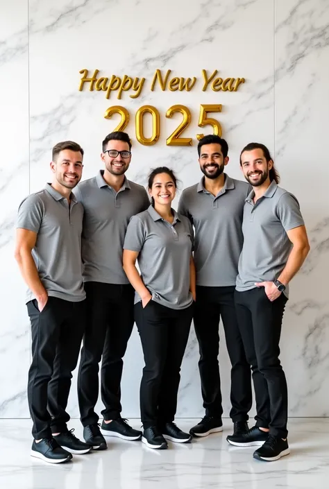 create perfect image,  AE professional staff standing up, wishing customers a new year, Background is white marble ,  staff wearing a gray polo shirt, black pants with long legs.,  Black Sneakers, , smiling face, The atmosphere is friendly. Informal ,  On ...