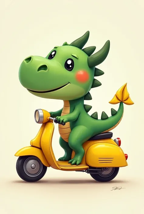 Create an image of a cute looking green dragon riding a yellow motorbike as a small big head sd cartoon style side image
