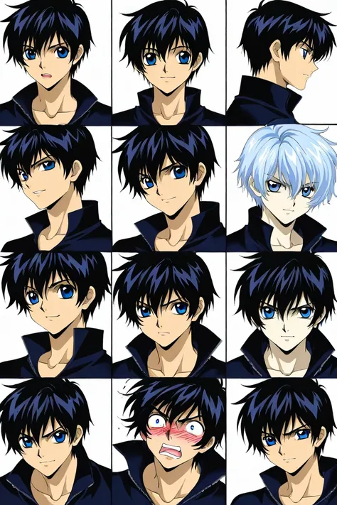 Student boy with Black hair, light cold blue eyes, bad tempered but blushing, wearing black clothes. The boy is angry. Collage character sketch different facial expressions of emotions of him. Clamp Tsubasa chronicles art style.