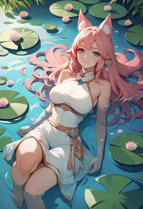  absurd,  high res,  ultra detail, ( One Girl :1.3), hand drawn, Simple lines,   is lying on a  girl, Attractive girl with fox ears , At the lotus pond, masterpiece,  Sitting in Water , Floating Clothes, Floating Hair