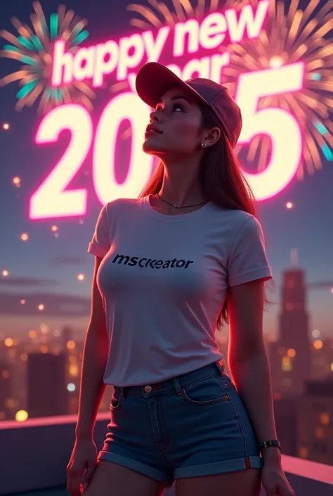 "A young woman standing on a rooftop, big boobs waring a white T-shirt with the text Ms creator written on it. She is wearing a cap and looking up at the sky. Colorful fireworks are bursting all around. The text HAPPY NEW YEAR 2025 is glowing brightly in t...