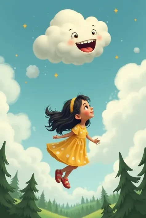 A photo of Laurinha, a  girl, light brown, with black hair and light brown eyes, wearing a yellow dress with white polka dots and red sandals, was flying through the clouds and looking up there between the clouds, she saw the trees and rivers down on the g...