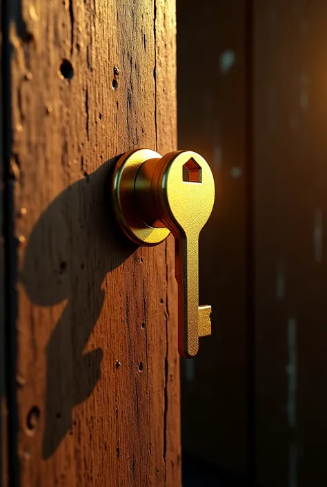 A shiny golden key being inserted into a wooden door