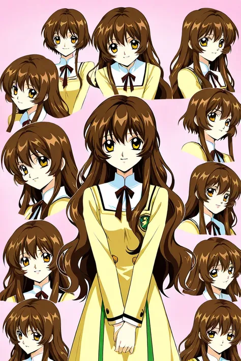 A girl that is an student. She has long wavy Brown hair with shiny golden eyes with a yellow dress uniform. Collage character sketch different facial expressions, feelings and emotions. Clamp Tsubasa chronicles art style. 