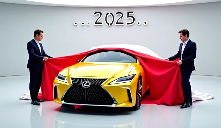 A futuristic (...2025 Lexus ES..) is being revealed in a modern and luxurious showroom. The car is a vibrant beleu  with black accents, highlighting its bold and aggressive design. Two people, a man and a woman dressed in formal attire, are removing a larg...