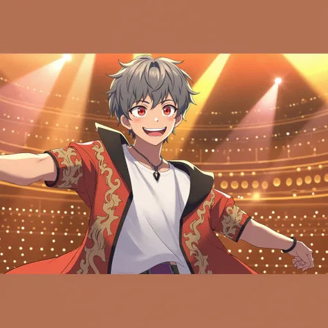 a teenage boy with a short-curly grayish-blonde hair and bright-red eyes standing on a bright and fancy stage. His bangs cover his eyes by a little and he has an eager stare on his face with a checky grin. His skin is pale and fair-skinned, he is wearing a...