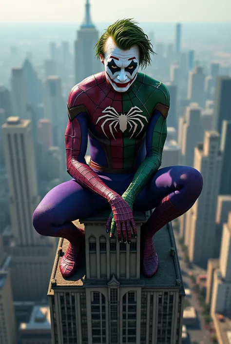  Create me a Spiderman character with a Joker costume.    on top of a building, Sitting on the edge
But the costume has the colors of Joker and with a covered face