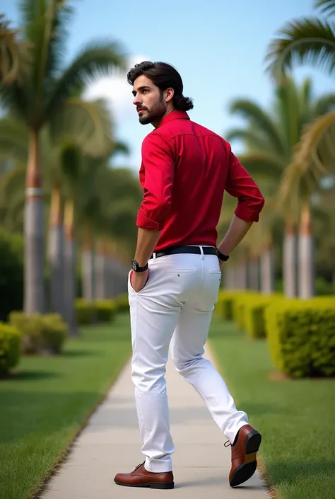 A realistic image of a handsome Latin man with a beautiful face and a fit, well-proportioned body, with fair and rosy skin. He has a light beard and long, well-groomed hair. He is wearing white trousers, a red shirt, a belt, and elegant shoes. He stands in...