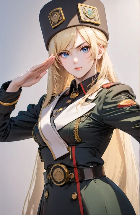 Russian, Russian hat, military, dark military clothes, girl, Blonde, deep blue eyes, Long Hair, Strike a Pose