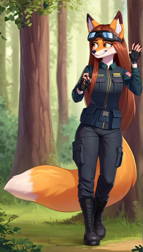  masterpiece fails,  better quality , fox,  long hair,  in tight black military uniforms,  in tight black pants and boots ,  wear fingerless gloves ,  wearing tactical goggles , standing in the woods 