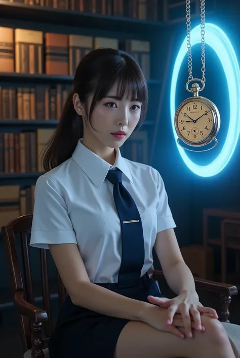 Beautiful japanese girl, wearing a self-defense officer uniform(White short-sleeved shirt and  navy blue tie and short sleeve and navy blue and pencil skirt), black patent high heels, she sitting in a classic study as the pocket watch hangs from just outsi...