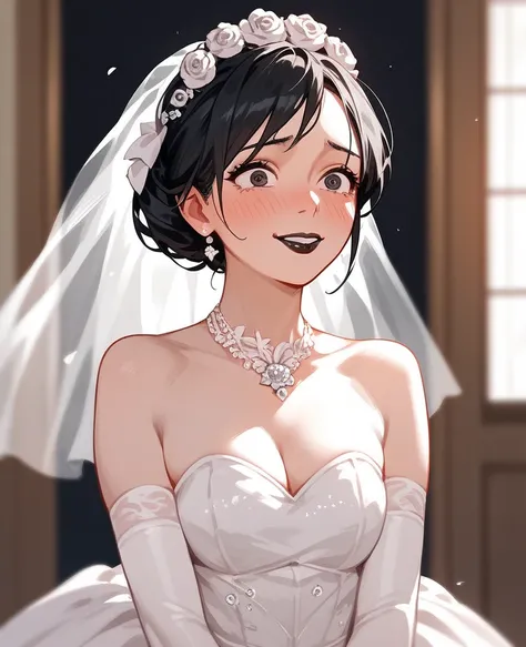 girl, black hair,Wedding dress,smile, black lips,Anime,Thin,cute,afraid,น่าafraid,shy