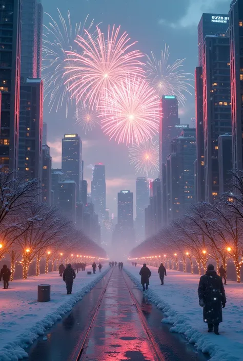 Winter city landscape amd writen 2025 with fireworks on the sky 