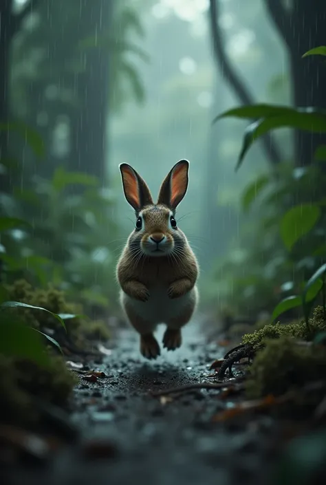 "A small rabbit running through the rain-soaked forest, its fur wet and shiny. The scene captures the rabbit’s desperation and the dark, rainy jungle in the background with cinematic lighting in ultra HD 4K quality."