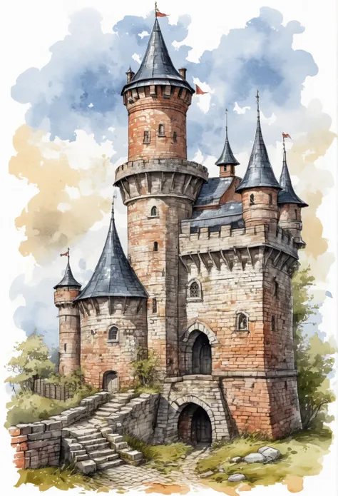 funny cute , cute little brick medieval fort with a tower, ink and wash ,  front view, ( top quality,  clothing is the perfect masterpiece ,  Representative artwork,  official art ,  professional,  high detail,  Very complex detailed:1.3)