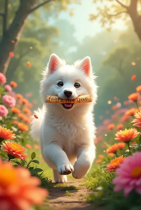 A white dog in big flowers garden have paper write happy new year in his mouth