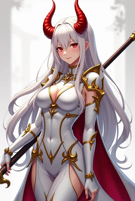 anime - style image of a woman dressed in white and red with horns, concept art by Krenz Cushart, pixiv, mannerism, detailed white armor, handsome guy in demon slayer art, intricate white and gold armor, glossy white armor, white armor, highly detailed exq...