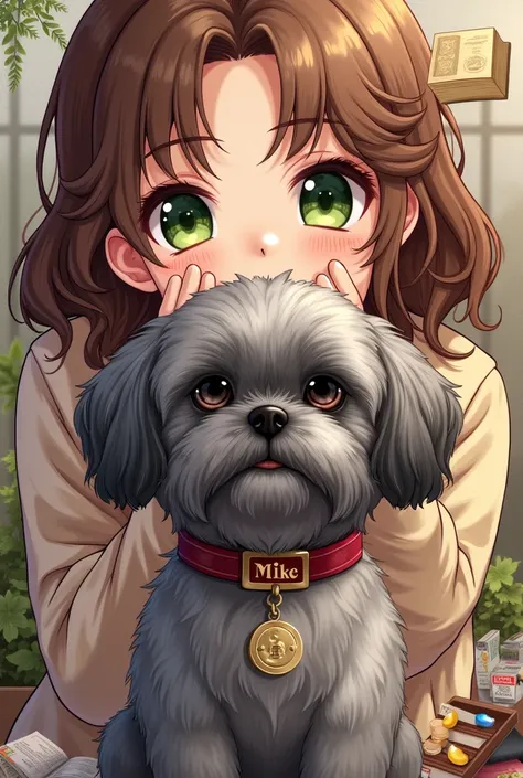 I want a wallpaper with a gray Shih Tzu dog with a collar written Mike because I want to take care of my dog that has a Bible that symbolizes praying every day I want to have a brown-haired mother with green eyes that I have brown hair and that has brown h...