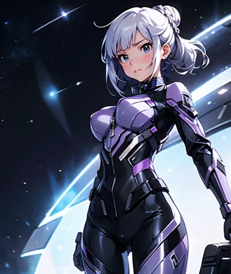 The protagonist of a new special effects drama、Space Sheriff Jasmine、17-year-old female、only one girl, half side bun hair, shortcut hair, silver purple hair, slender, Wearing a combat suit like Space Sheriff Gavan、Combat suits are protected by titanium、The...