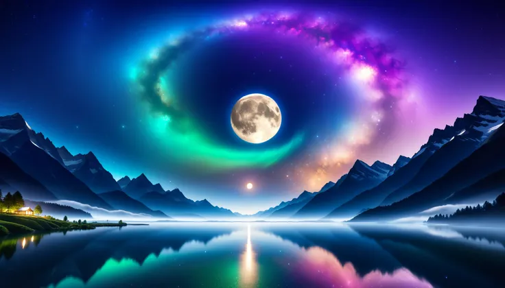 (greenく光る巨大な月),greenい月, super high image quality, high definition , High Quality ,Detailed Scenery ,Night Sky,(Milky Way Galaxy),The Alps,The giant moon and stars moving to the lake々, beautiful artistic illustration, Ultramarine, green, Purple , black, Ma...