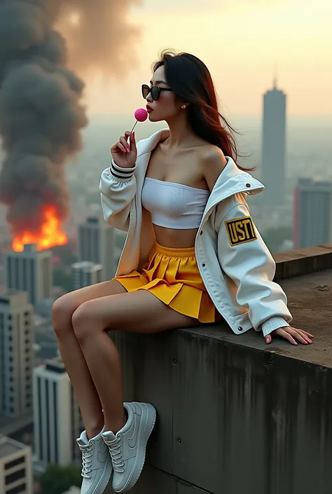 (Qingxu _ Realistic photograph of Asian beauty portraits_V11),  A beautiful and elegant Korean woman ,  recognized as one of the 5 best Asian models , Shes sitting on the edge of a tall building,  in a post-apocalyptic setting . The camera, controlled by a...