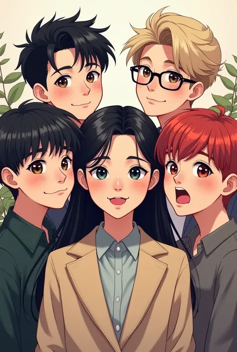 " Create an illustration of five 17-year-old Korean teenagers ,  all handsome . A is in the center ,  surrounded by the four boys .
1st boy :  mullet-style black hair ,  with a charming appearance .
 2nd boy :  dark brown hair,  wears glasses and has an in...