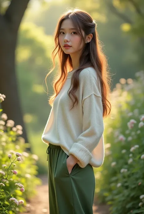 Une belle jeune femme vêtue dun pantalon vert et un pull blanc cheveux longs châtain clair debout corps entier 