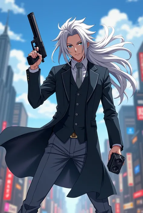 Make a male anime long white hairs nine tail sage mode eyes black coat and pant gray tie runing and take a gun his hand and camera angle on top beautiful city background`