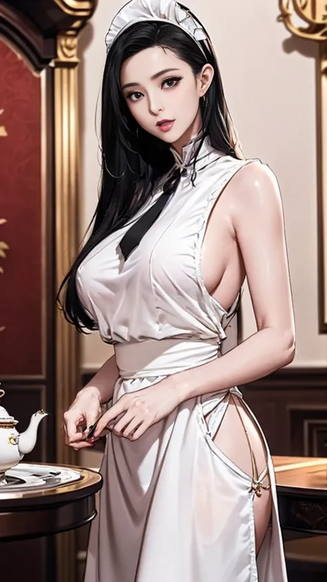 (best quality:2.0), (extremely detailed:2.0), (highly detailed:2.0),(Scene 1: In the grand dining room, she wears a pristine maid outfit with a white apron, her long hair elegantly tied up, gracefully serving tea while maintainr elegantly tied up, graceful...