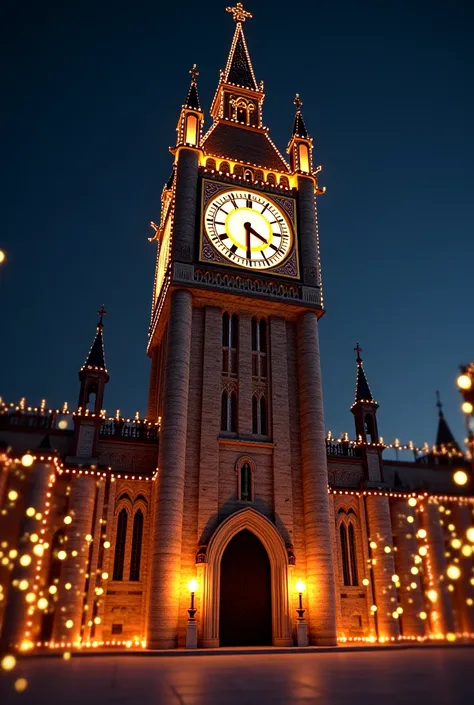 Create a realistic style 3d image of a clock marking 12 oclock at night on a church tower in which multiple New Years lights can be seen