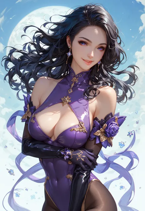   cinematic angle、 full body bust up from directly above 1 person girl 18 years old black hair long straight hair、Smile purple high neck leotard 、  black tights、  thigh high boots、Opera Gloves、　 Space Colony、Big full moon in the center