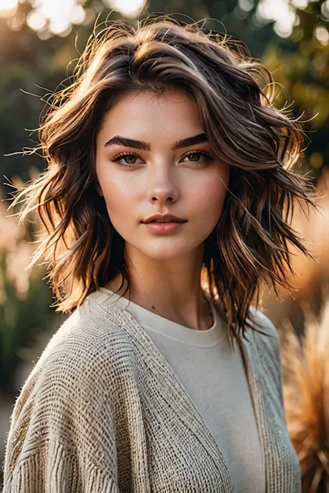 A captivating portrait of a 20-year-old beautiful girl with a modern wolf cut hairstyle. The haircut features heavily layered, textured strands that create a voluminous and edgy look, extending to just below the shoulders. The style emphasizes soft, choppy...