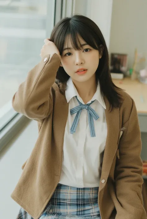 (realistic,photorealistic,photo-realistic 1.37),(2 views:1.4),(1 view is wearing  school uniform,another view is full nude),a beautiful young school girl,japanese beautiful idol,beautiful face and eyes,brown jackets,white shirts,(sky blue plaid skirt:1.4),...