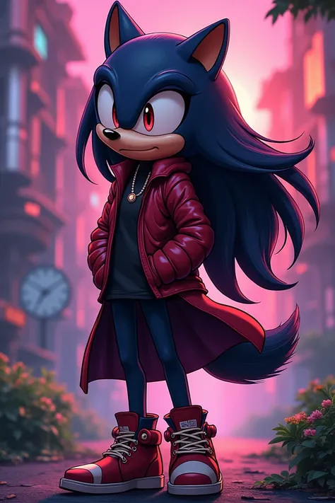  Create a female character inspired by the video game saga Sonic The Hedgehog, The character is an anthropological animal of a raccoon whose color palette is black, violet and wine red ,  the character wears a set with similar colors that consists of a dre...