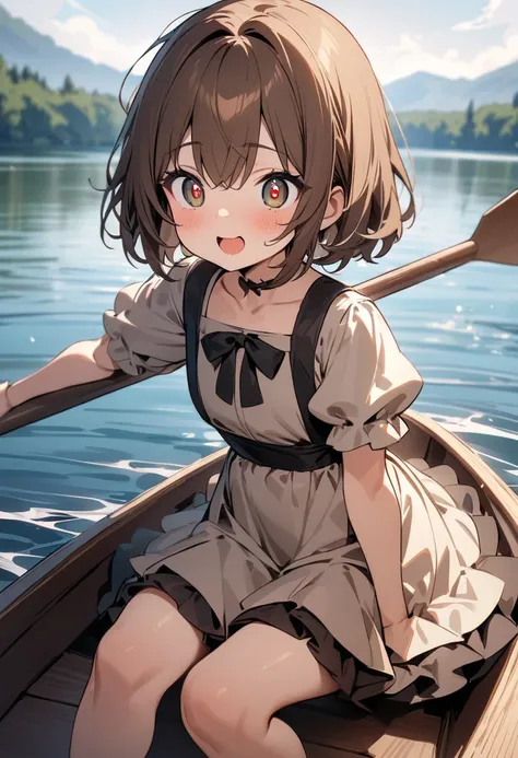 (masterpiece), best quality, expressive eyes, perfect face, 1 loli  girl wearing cute dress,brown short hair, sitting on  boat ,(she holding oar),huge lake,(wide angle:1.1),,