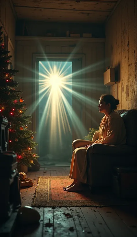 A woman alone in her house sitting with a surprised face on Christmas Eve in front of a Christmas tree and her house in misery old furniture , Advantage of fallen old door Christmas lights some in function are surprised by the arrival of Jesus to her house...