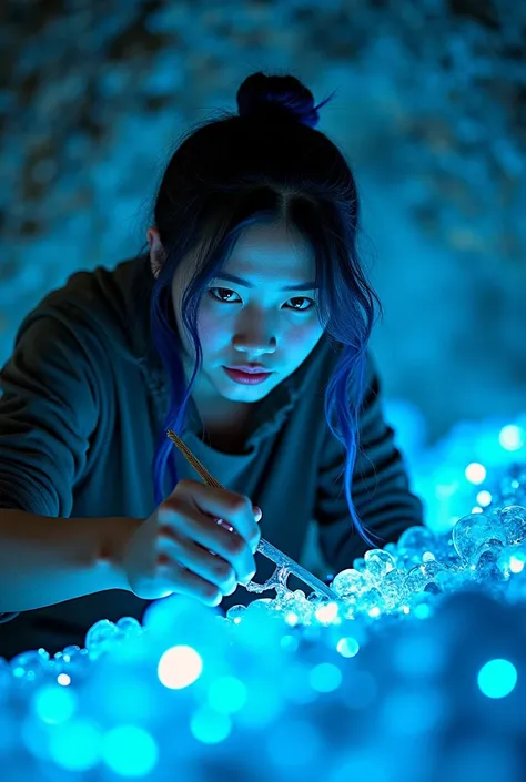 30-year-old Asian girl with blue highlights on her tips mining with a beak in an underground cave made of blue gemstones