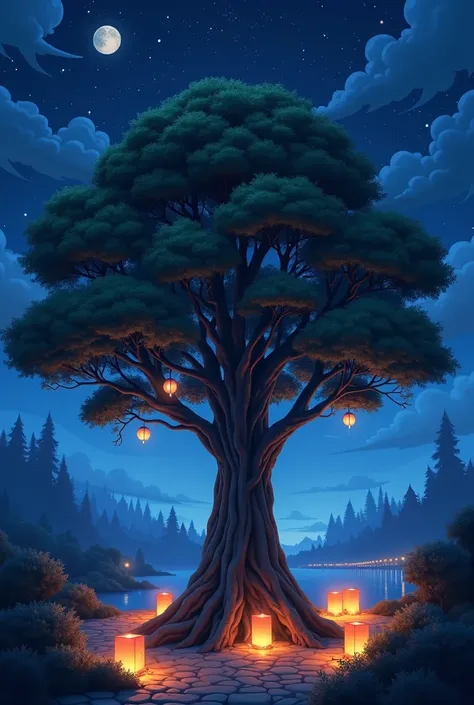 night landscape with lanterns ,  one big anime tree