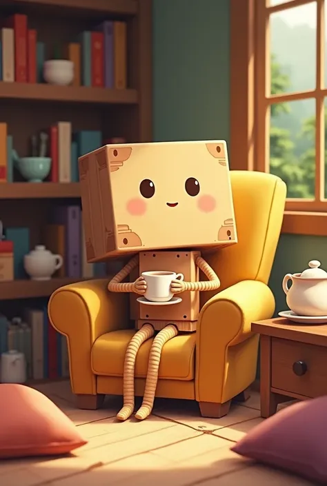 A whimsical illustration featuring a wooden ply board character with eyes and arms, sitting comfortably in a cozy chair while holding a cup of tea. The scene is set in a warmly lit room with a bookshelf in the background and a small table displaying a teap...