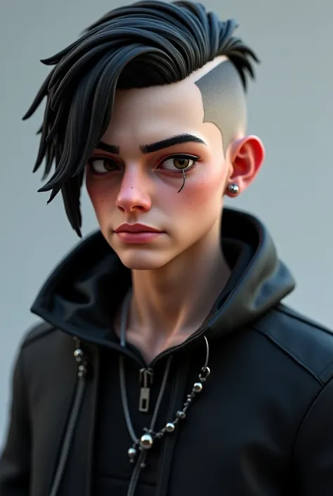 A detailed image of Skrillex as Skrillexs old-fashioned Fortnite skin with his long, shaved hair on one side with his piercings and his black clothes 