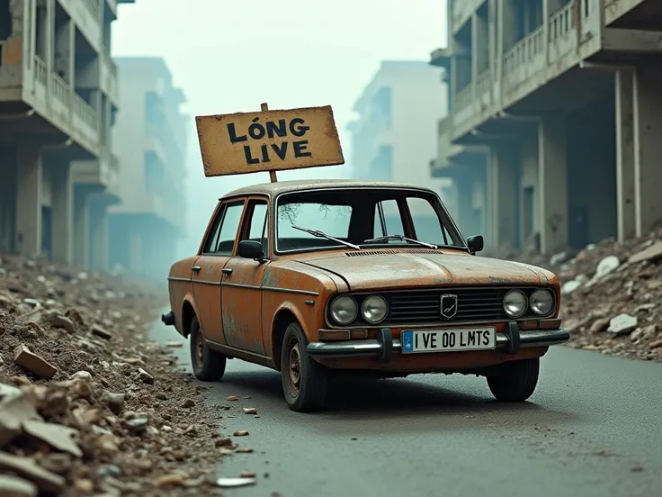 A rusty Celta, with dark windows like empty eyes, crawls through a ruined city, carrying a sign in a forgotten language that says "Long Live". The broken asphalt, swallowed by dust and cracks, crushes the car, while collapsed buildings are concrete skeleto...