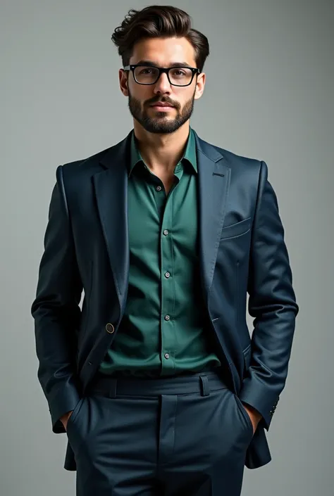 Create a image of a 24 year old man with medium beared with glass that wear neavy blue formal open blazer and pant with silk light mountain green party shirt