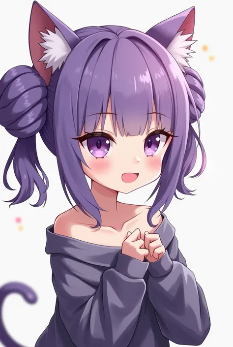  purple bun with cat ears, girl with twin tail hair 。 The position of the bun is slightly lower and above the ear 。The left and right antennae hairs are characteristic 。Her eyes are perfectly double and her pupils are purple 、 The eyebrows are slightly low...