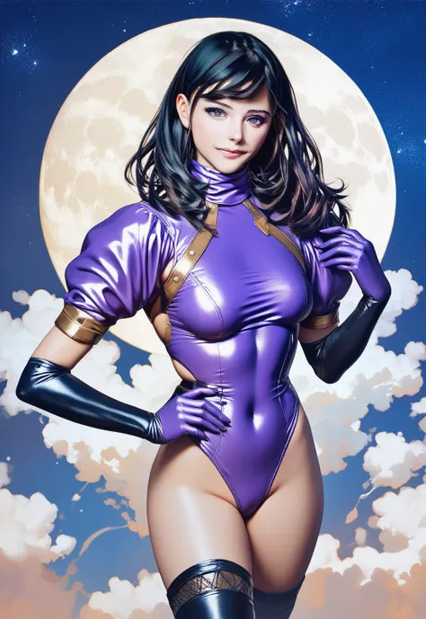   cinematic angle、 full body bust up from directly above 1 person girl 18 years old black hair long straight hair、Smile purple high neck leotard 、  black tights、  thigh high boots、Opera Gloves、　 Space Colony、Big full moon in the center