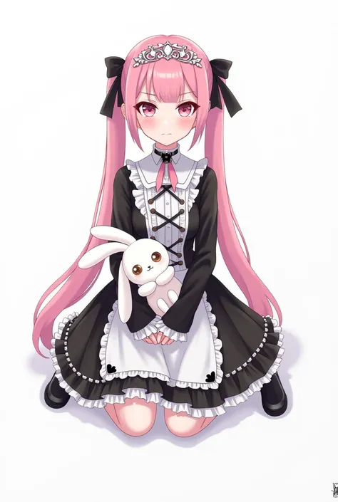 Yume Kawaii, girl, solo, pink hair, twintails, long hair, cute tiara, pink eyes, grumpy face, black and white Gothic Lolita clothes, long sleeve dress, holding a stuffed rabbit, sitting, full body shot, white background, simple background