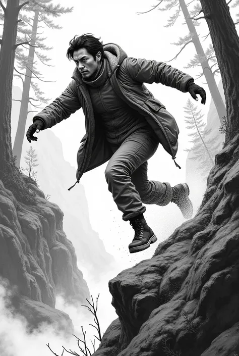 Create an error-free or flawless black-and-white Japanese manga illustrative drawing by South Korean actor Lee Jung-jae wearing a set of cold clothes jumping off a cliff in a forest while fleeing. 