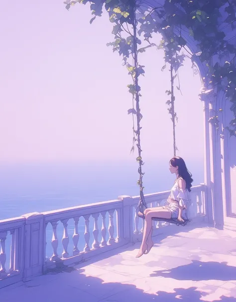 A girl swinging on a vine-attached swing on a white balcony by the sea, Wearing fluffy white summer clothes, 

Wait for me on the balcony at the beach
I want to see the lavender ocean at dawn, 
 
You swim, wetting your jeans
I stare in amazement, 
I dont h...