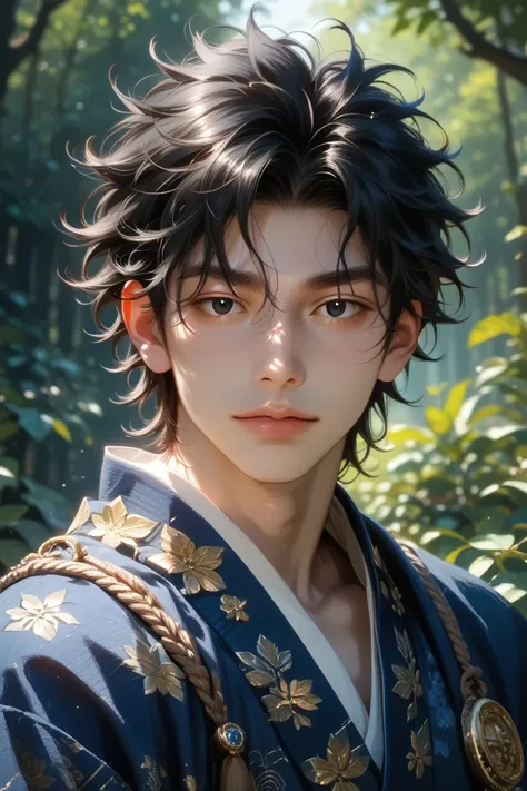 adult male, solo, broad shoulders, short hair, jet-black hair, messy hair, jet-black eyes, (half closed eyes:0.9), detailed eyes, detailed face, (Ashitaka, Ghibri), (ancient, blue japanese costume), looking at viewer, (ancient forest), good anatomy