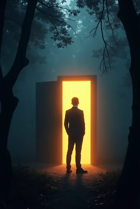 A silhouette of a man with corporate dress standing in front of a mysterious, slightly open door glowing with a warm golden light. Surrounding the scene are dark, shadowy trees with soft, ethereal blue light filtering through the branches. The foreground i...