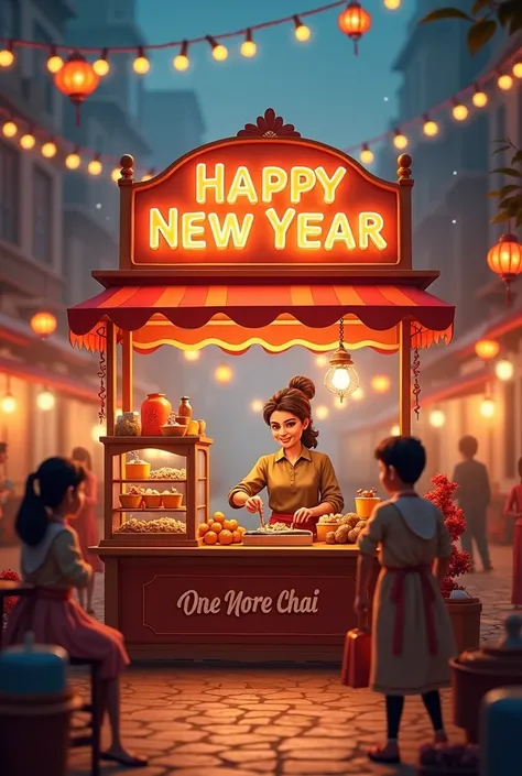 Please add text " Happy new year 2025" above the name  with larger text "one more chai" with same text design